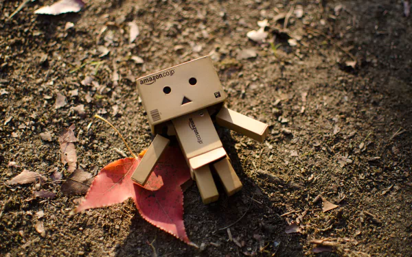 Danbo figure lying on earthy ground with scattered leaves in 4K Ultra HD detail, designed as a captivating PC desktop wallpaper in the Misc category.