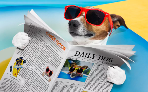 A funny Jack Russell Terrier wearing red sunglasses reads a summer edition newspaper. HD desktop wallpaper background.