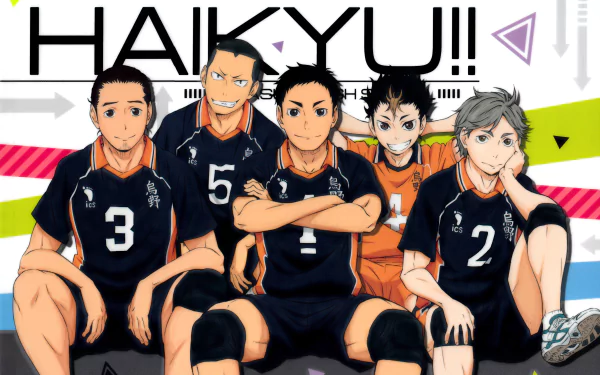 A vibrant 4K Ultra HD wallpaper featuring characters from the anime Haikyū!!, showcasing five volleyball players in dynamic poses against a colorful background.