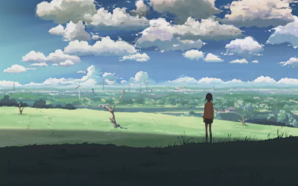 HD anime desktop wallpaper featuring Akari Shinohara from 5 Centimeters per Second, standing alone on a grassy hill under a vast sky filled with clouds.
