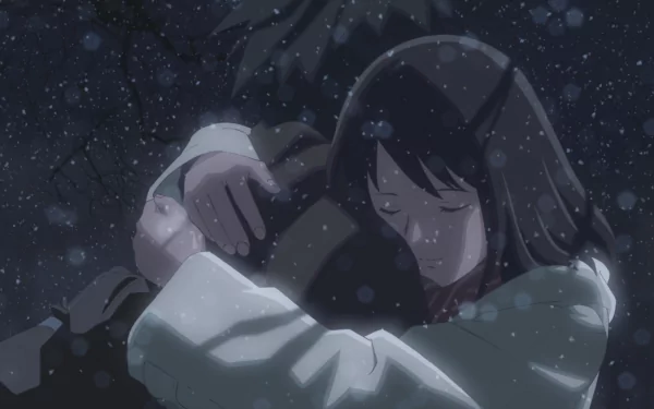 Anime-style HD wallpaper depicting Takaki Touno and Akari Shinohara embracing from 5 Centimeters per Second under a softly falling snow.