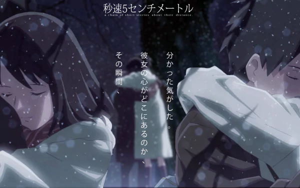A beautifully crafted HD wallpaper featuring Takaki Touno and Akari Shinohara from the anime 5 Centimeters per Second, capturing a poignant moment amid falling snow.