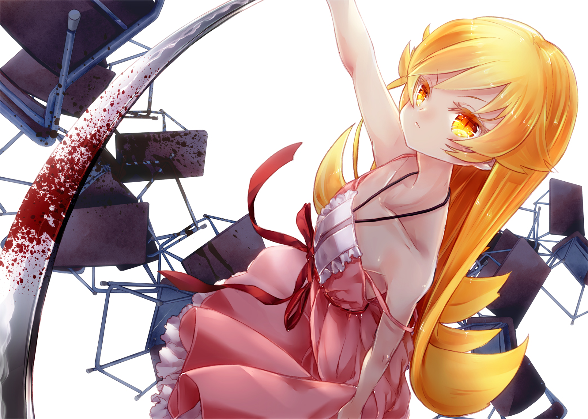 A striking HD anime wallpaper featuring Shinobu Oshino from the Monogatari series, showcasing her vibrant yellow hair and captivating presence amidst a backdrop of scattered chairs.
