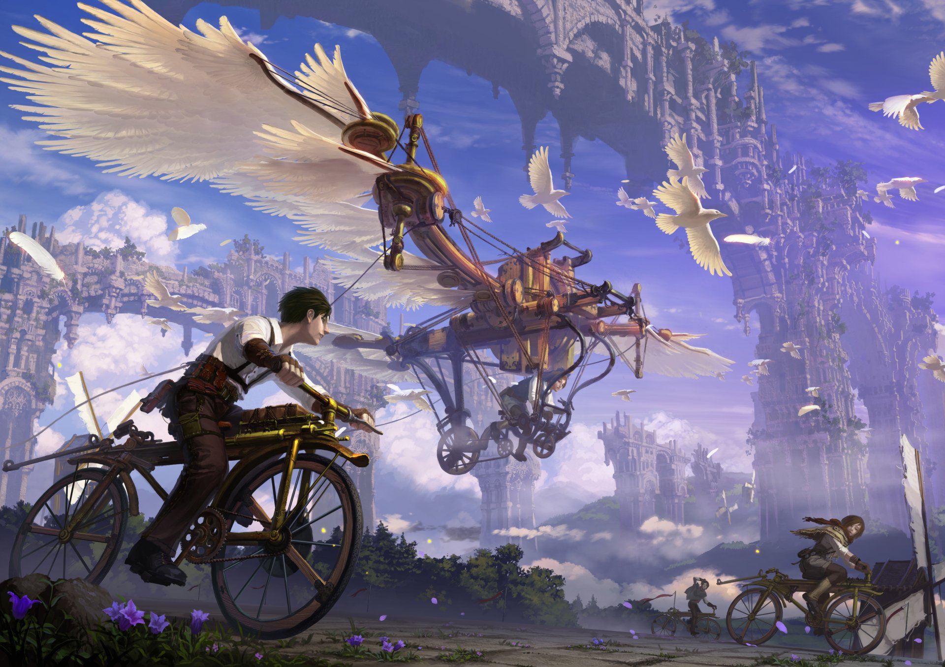 An original anime HD wallpaper featuring a cyclist in a fantastical landscape, with a flying machine and birds soaring amidst grand, ethereal structures and clouds.