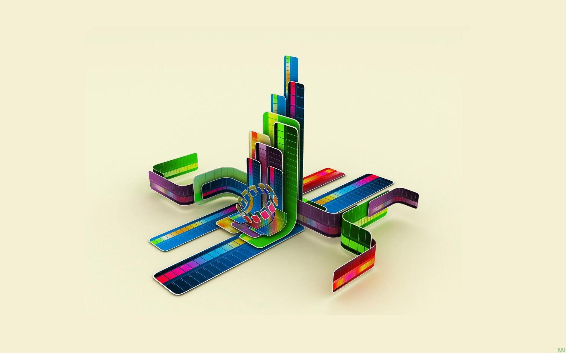 Colorful, artistic 3D abstract shapes in vibrant hues form a modern design on a light background, crafted as an HD PC desktop wallpaper and background.
