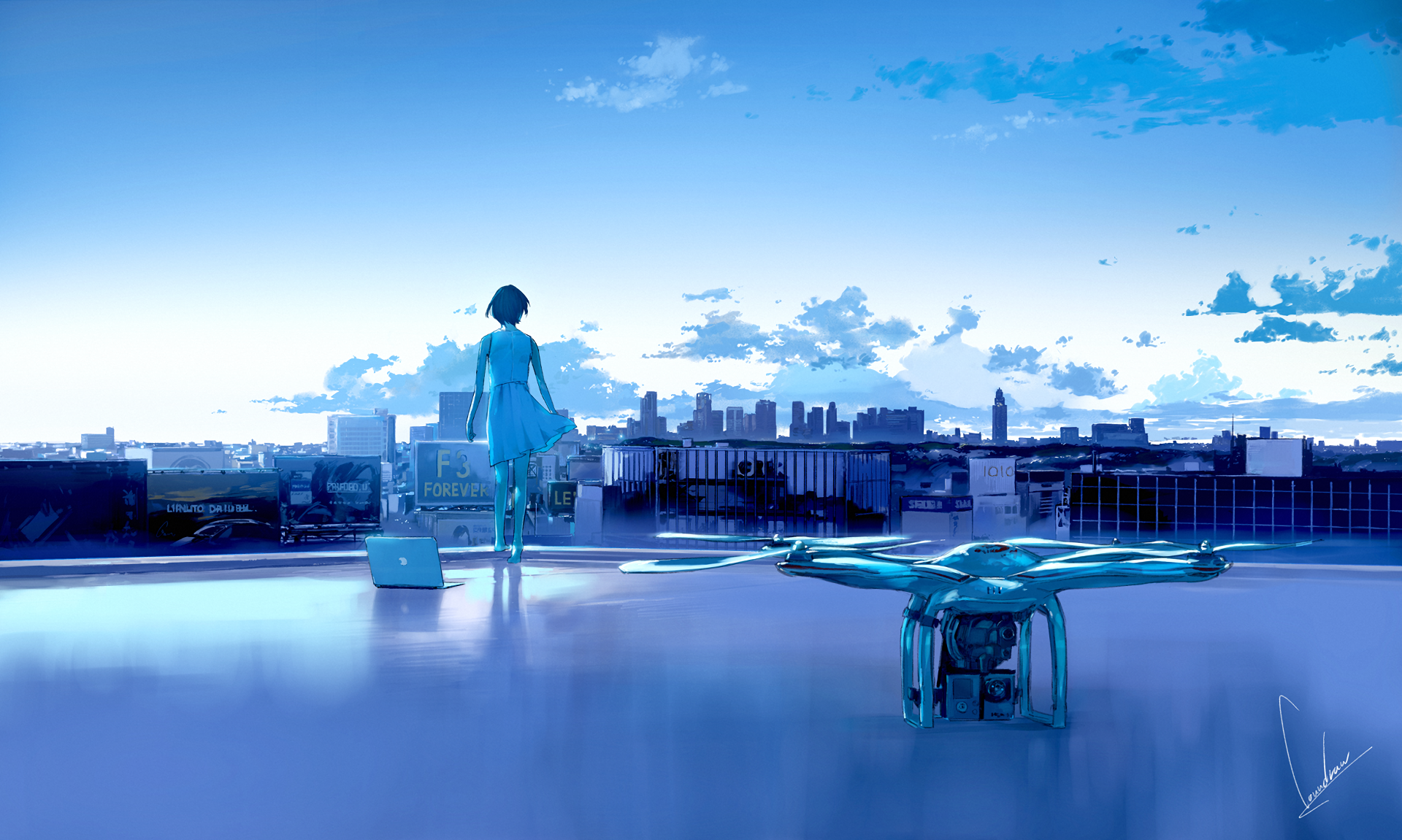 A stunning anime-inspired HD desktop wallpaper featuring a figure in blue standing on a rooftop, overlooking a city skyline with a drone beside them, bathed in soft evening light.