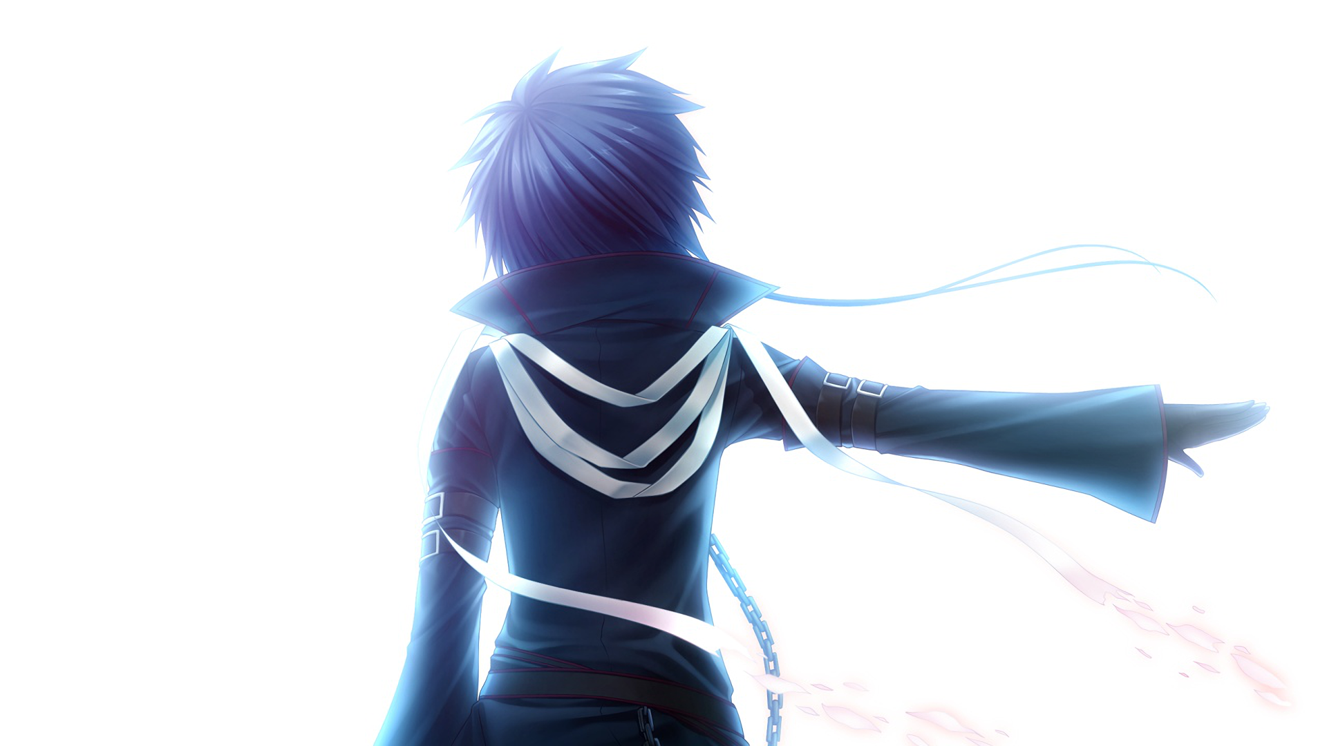 HD anime desktop wallpaper featuring a silhouette of a character from Rewrite, highlighted by bright light and flowing ribbons against a soft, glowing background.