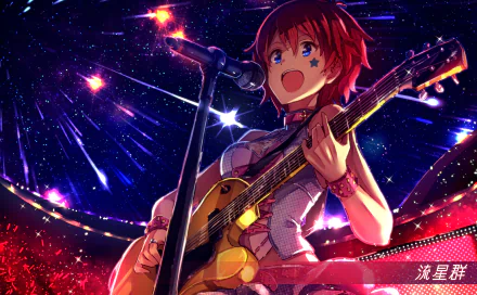Anime-style HD PC desktop wallpaper featuring a vibrant THE iDOLM@STER: Million Live! character playing guitar with fireworks exploding in the night sky background.