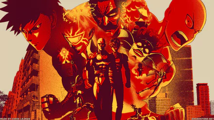 HD desktop wallpaper featuring Genos and Saitama from One-Punch Man against an urban backdrop, illustrated in dynamic anime style.