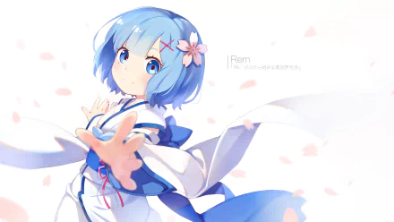 HD desktop wallpaper featuring Rem from the anime Re:Zero - Starting Life in Another World. Rem is depicted with her blue hair, pink hairpin, and flowing white and blue outfit, against a background of falling petals.