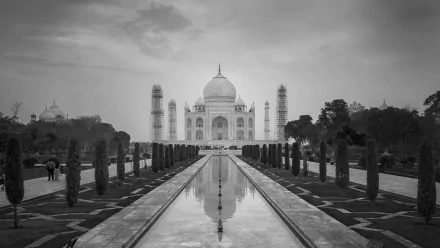 Black and white HD wallpaper featuring the iconic Taj Mahal, showcasing its grandeur reflected in the tranquil water and surrounded by lush greenery.