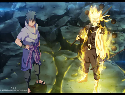 HD wallpaper featuring anime characters Sasuke Uchiha and Naruto Uzumaki from the series Naruto, standing on a fractured, glowing battlefield.