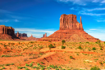 Vibrant desert landscape in Monument Valley, Arizona, showcasing stunning red rock formations under a clear blue sky. A breathtaking nature scene for any desktop wallpaper.
