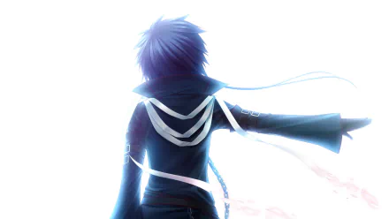 HD anime desktop wallpaper featuring a silhouette of a character from Rewrite, highlighted by bright light and flowing ribbons against a soft, glowing background.