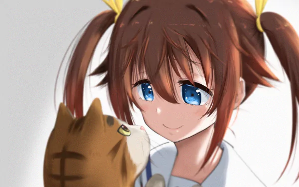 Anime-inspired HD wallpaper featuring a cheerful girl with brown hair and pigtails interacting with a cute cat, capturing a warm and playful moment from High School Fleet.