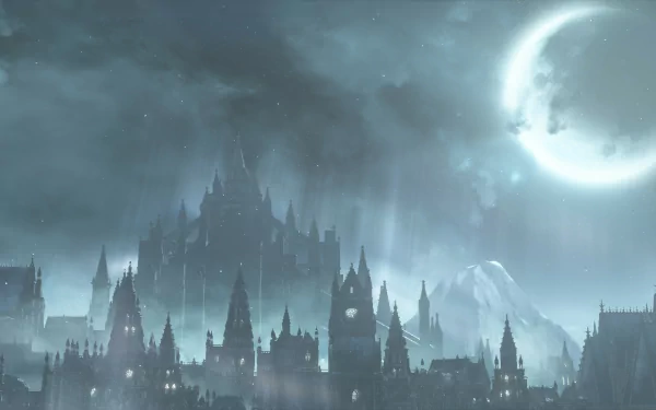 Night view of Irithyll of the Boreal Valley (Dark Souls III): moonlit gothic city skyline, mist-shrouded spires beneath a pale moon — HD PC desktop wallpaper background.