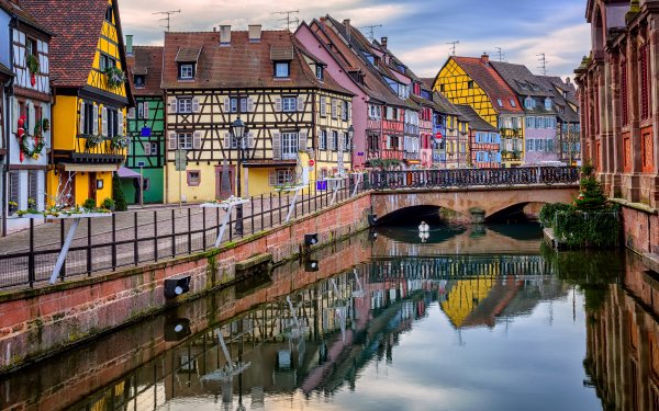 Man Made Colmar Towns France Alsace House Colors Canal Bridge Reflection HD Wallpaper | Background Image