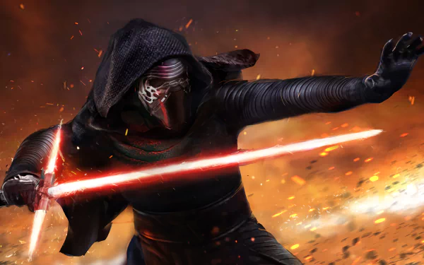 Kylo Ren, wearing a dark hood and mask, wields a red lightsaber against a fiery background, embodying the dark side of the Force from Star Wars Episode VII: The Force Awakens.