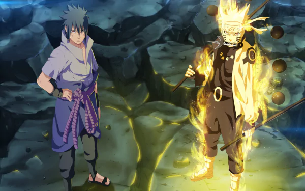 HD wallpaper featuring anime characters Sasuke Uchiha and Naruto Uzumaki from the series Naruto, standing on a fractured, glowing battlefield.