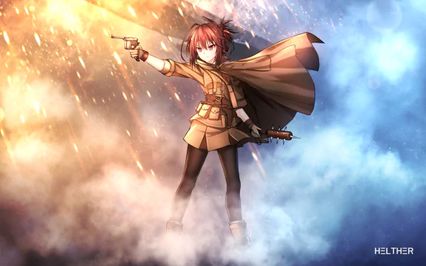 An anime character in military attire stands confidently amidst explosions and clouds, embodying the intense atmosphere of Battlefield 1. HD desktop wallpaper showcasing action and drama.