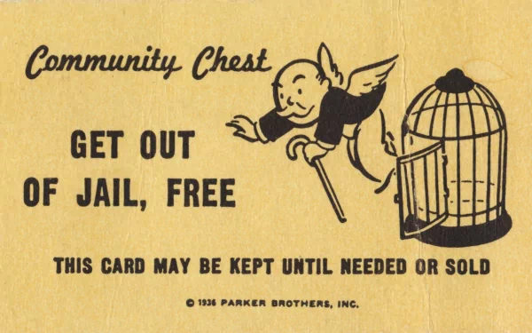 A vintage Get Out of Jail Free card from Monopoly's Community Chest, featuring the iconic character escaping from a birdcage, designed as a HD PC desktop wallpaper.