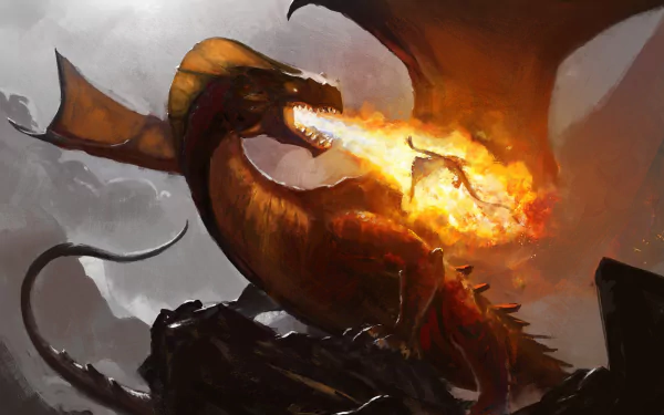 HD fantasy PC desktop wallpaper featuring a fierce dragon breathing fire against a smoky, dramatic sky.