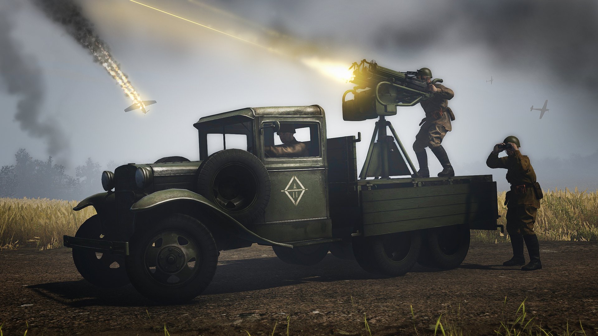 Heroes & Generals video game scene: soldiers man a truck-mounted anti-air gun under smoky skies with flares and tracers — 2K Quad HD PC Desktop Wallpaper and Background.