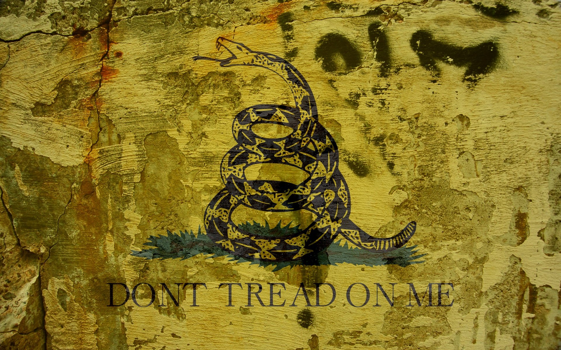 HD PC desktop wallpaper featuring a weathered Don't Tread on Me sign with a coiled rattlesnake painted on a textured, aged wall background.
