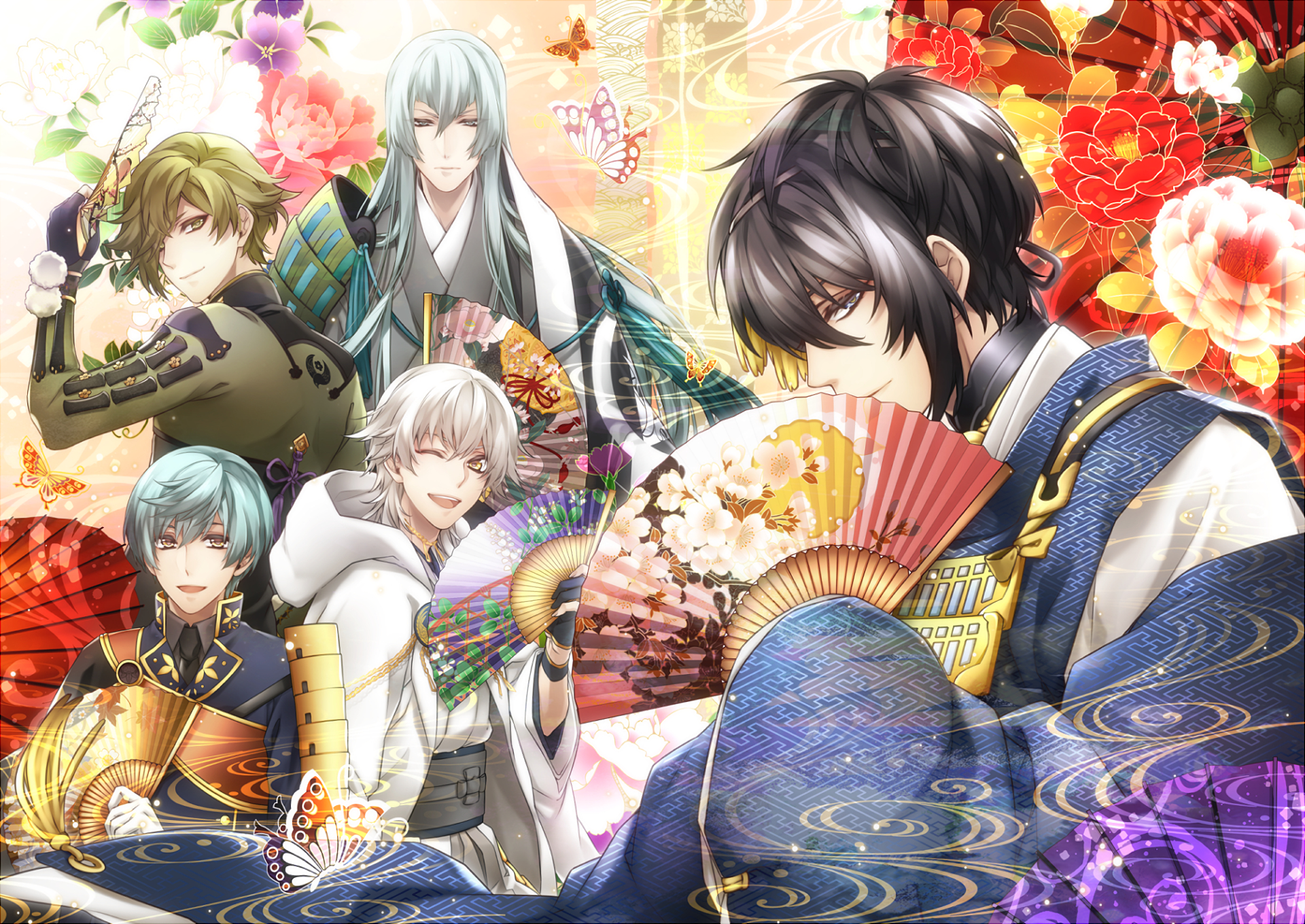 HD anime desktop wallpaper featuring characters from Touken Ranbu surrounded by vibrant flowers and intricate patterns.