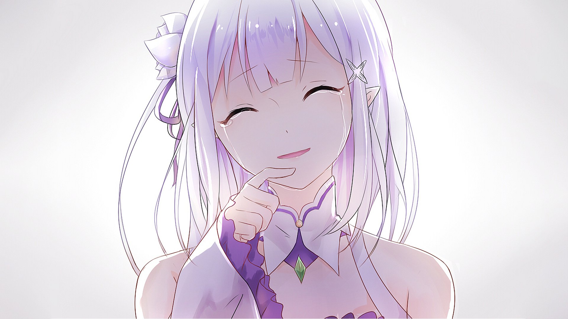 A vibrant HD wallpaper featuring Emilia from Re:ZERO - Starting Life in Another World, showcasing her cheerful smile and elegant attire against a soft background.