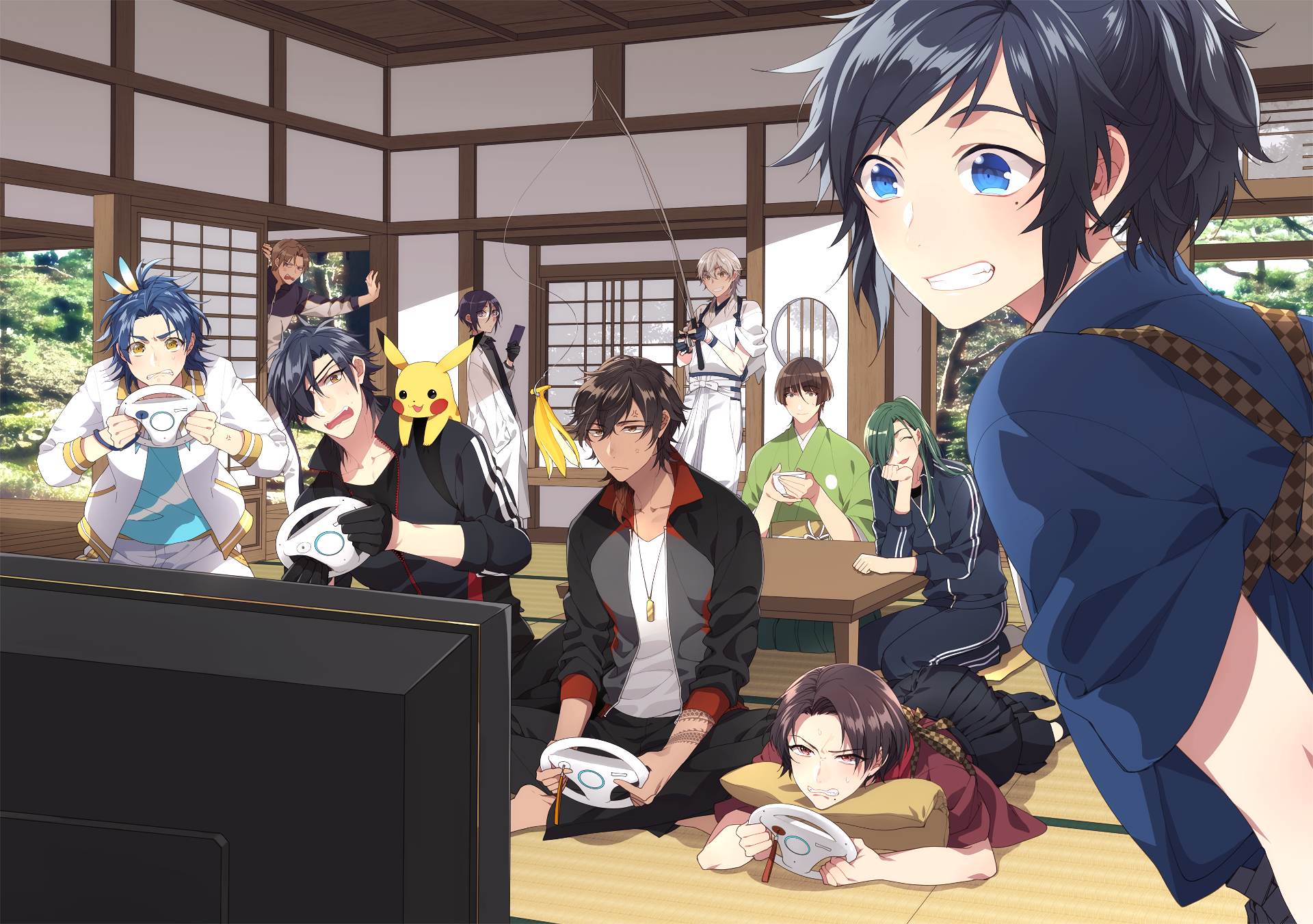 HD PC desktop wallpaper featuring a vibrant anime crossover with characters from Touken Ranbu: Hanamaru enjoying a lively gaming session indoors.