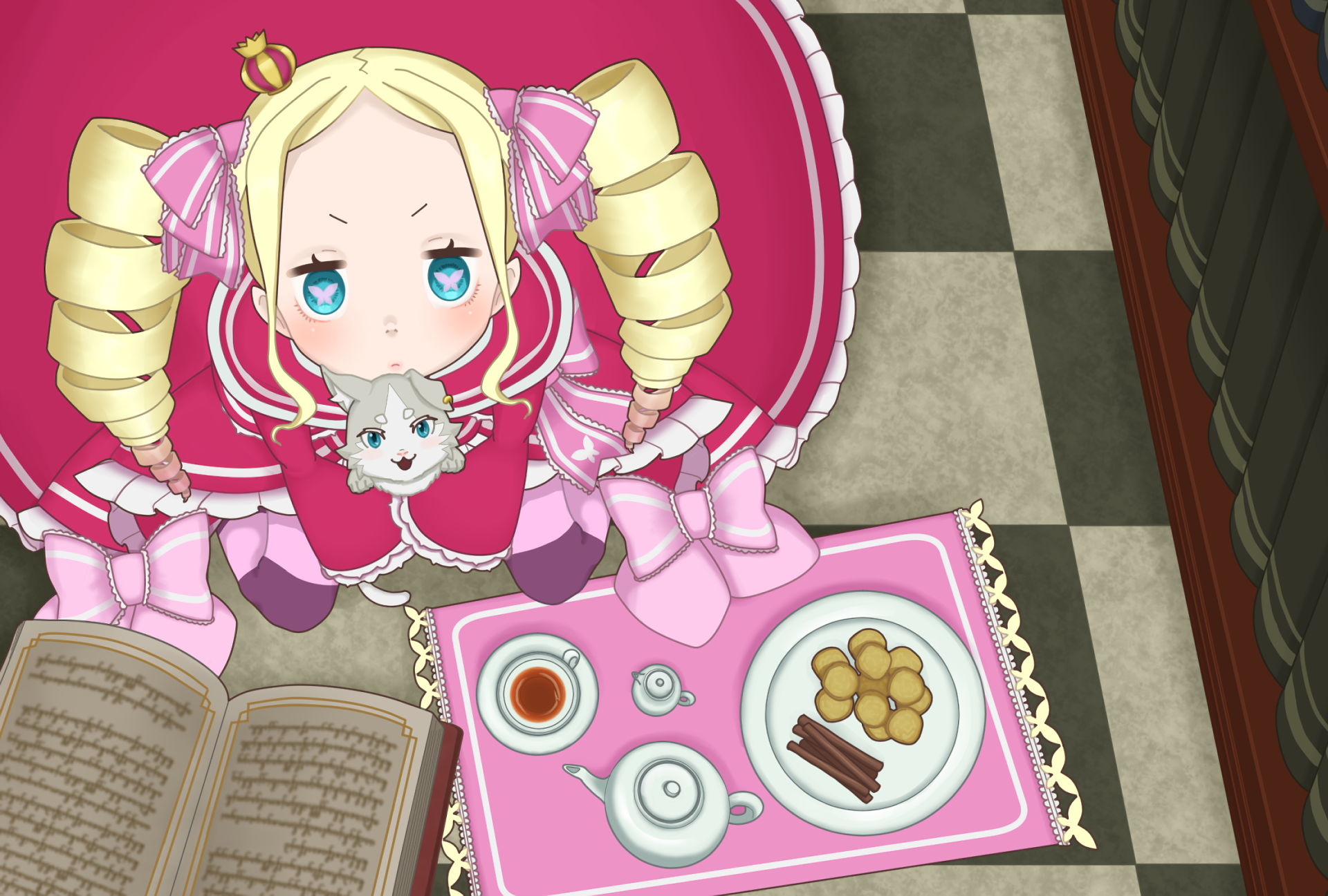 An HD wallpaper featuring Beatrice from Re:ZERO - Starting Life in Another World. She sits with a cat, surrounded by tea, treats, and an open book against a patterned floor.