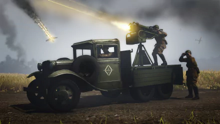 Heroes & Generals video game scene: soldiers man a truck-mounted anti-air gun under smoky skies with flares and tracers — 2K Quad HD PC Desktop Wallpaper and Background.