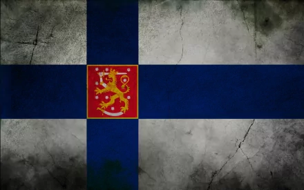 HD desktop wallpaper featuring the Finnish flag with a textured, weathered look and the Finnish coat of arms at the center.