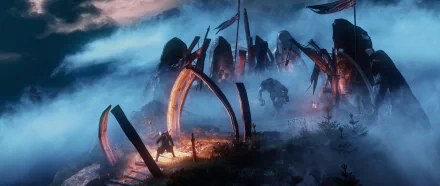 Epic 4K Ultra HD wallpaper featuring Geralt of Rivia facing a giant warrior in a dark, misty battlefield from The Witcher 3: Wild Hunt video game.