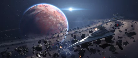 A 4K Ultra HD wallpaper featuring a Star Destroyer from Star Wars, set against a backdrop of a planet and asteroids, inspired by the video game Star Wars Battlefront (2015).