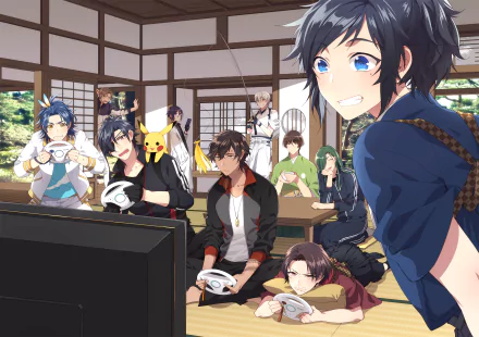 HD PC desktop wallpaper featuring a vibrant anime crossover with characters from Touken Ranbu: Hanamaru enjoying a lively gaming session indoors.
