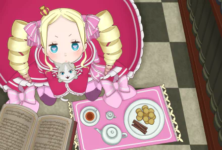 An HD wallpaper featuring Beatrice from Re:ZERO - Starting Life in Another World. She sits with a cat, surrounded by tea, treats, and an open book against a patterned floor.