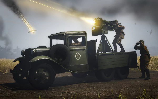Heroes & Generals video game scene: soldiers man a truck-mounted anti-air gun under smoky skies with flares and tracers — 2K Quad HD PC Desktop Wallpaper and Background.