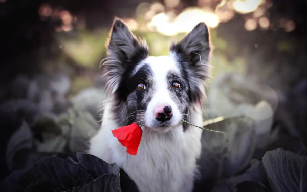 HD desktop wallpaper featuring a dog with a red flower in its muzzle against a softly blurred bokeh background.