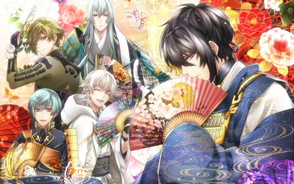 HD anime desktop wallpaper featuring characters from Touken Ranbu surrounded by vibrant flowers and intricate patterns.