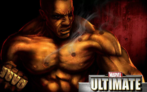 HD desktop wallpaper featuring the muscular Marvel character Luke Cage with a fierce expression, set against a fiery red backdrop.