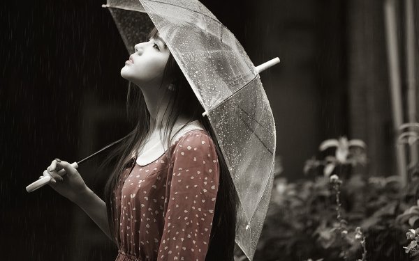 Women Asian Model Mood Rain Dress Umbrella Brunette HD Wallpaper | Background Image