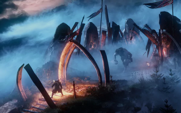 Epic 4K Ultra HD wallpaper featuring Geralt of Rivia facing a giant warrior in a dark, misty battlefield from The Witcher 3: Wild Hunt video game.