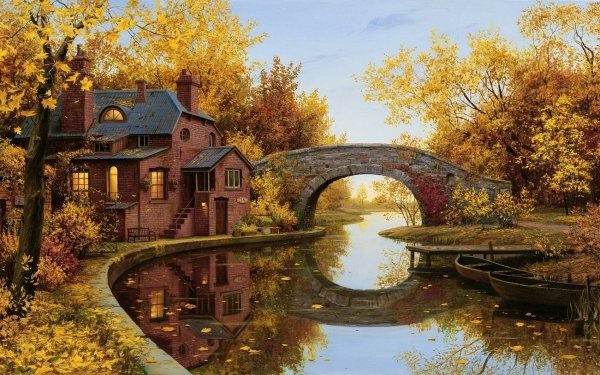 Man Made House Bridge River Boat Fall HD Wallpaper | Background Image
