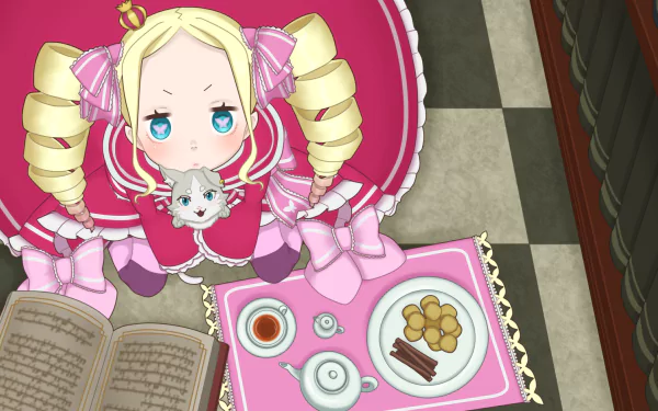 An HD wallpaper featuring Beatrice from Re:ZERO - Starting Life in Another World. She sits with a cat, surrounded by tea, treats, and an open book against a patterned floor.