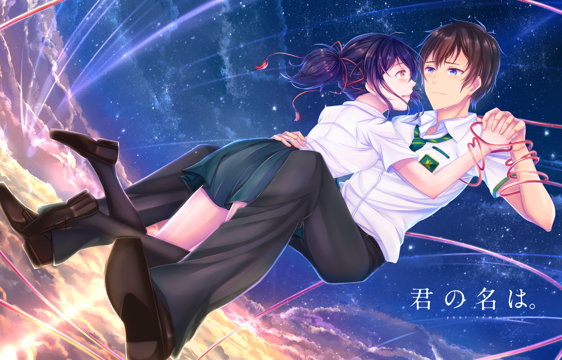 HD desktop wallpaper featuring Taki Tachibana and Mitsuha Miyamizu from the anime Your Name. They are portrayed in a dramatic, celestial background, capturing their connection.
