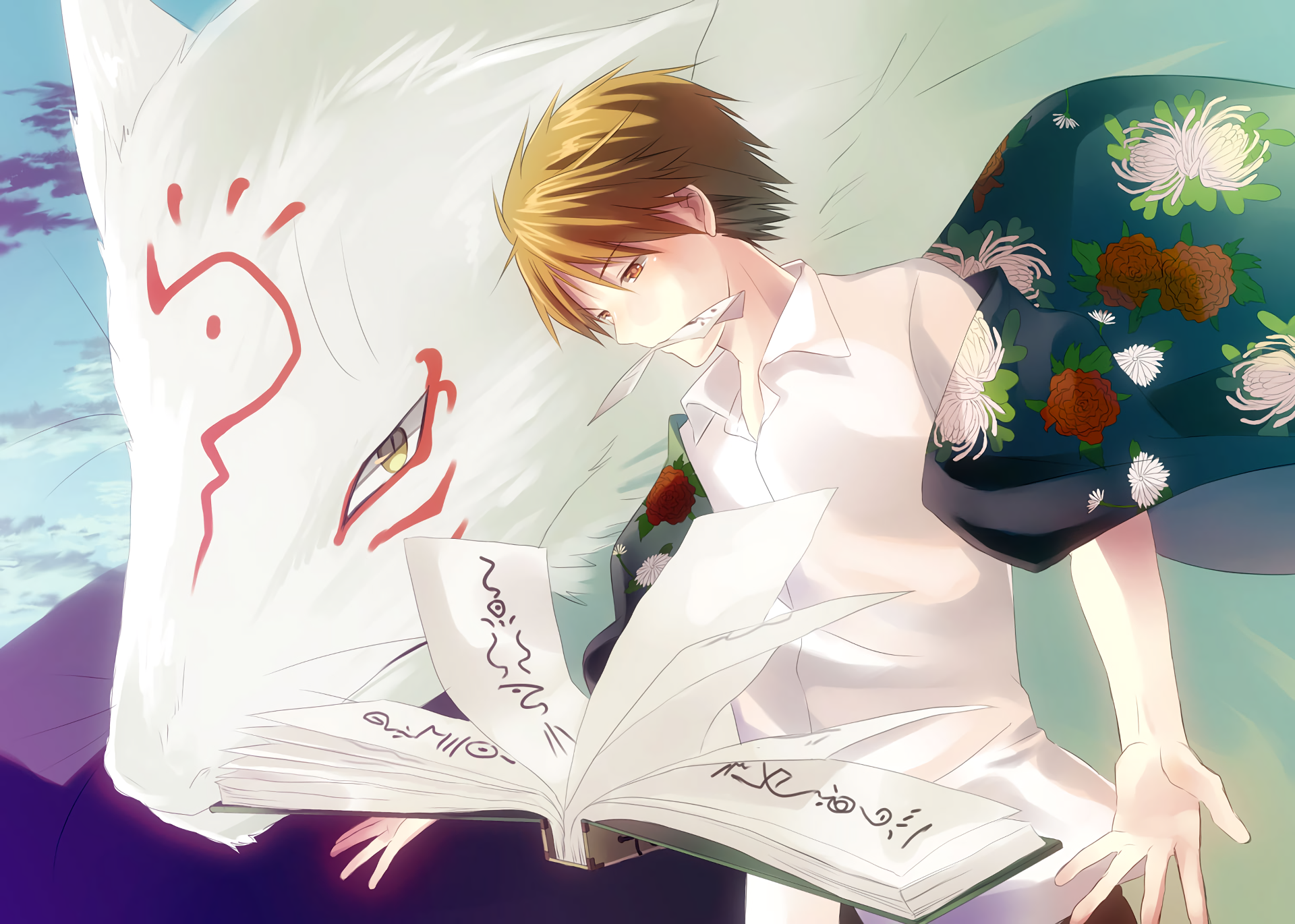 HD anime desktop wallpaper featuring Natsume from Natsume Yuujinchou (Natsume's Book of Friends) holding an open book with a large white fox spirit behind him.
