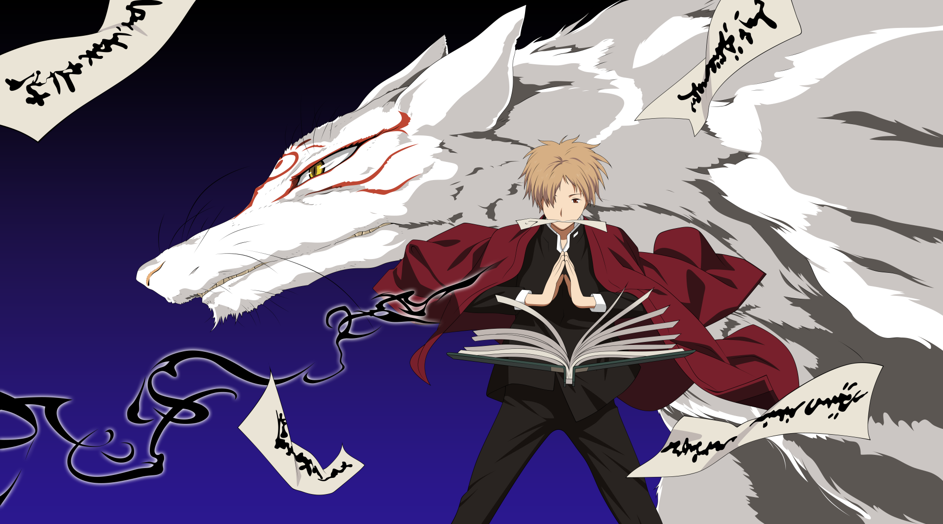 Natsume Yuujinchou wallpaper featuring Natsume standing with a mystical wolf, surrounded by flying papers, set against a striking blue and black background.