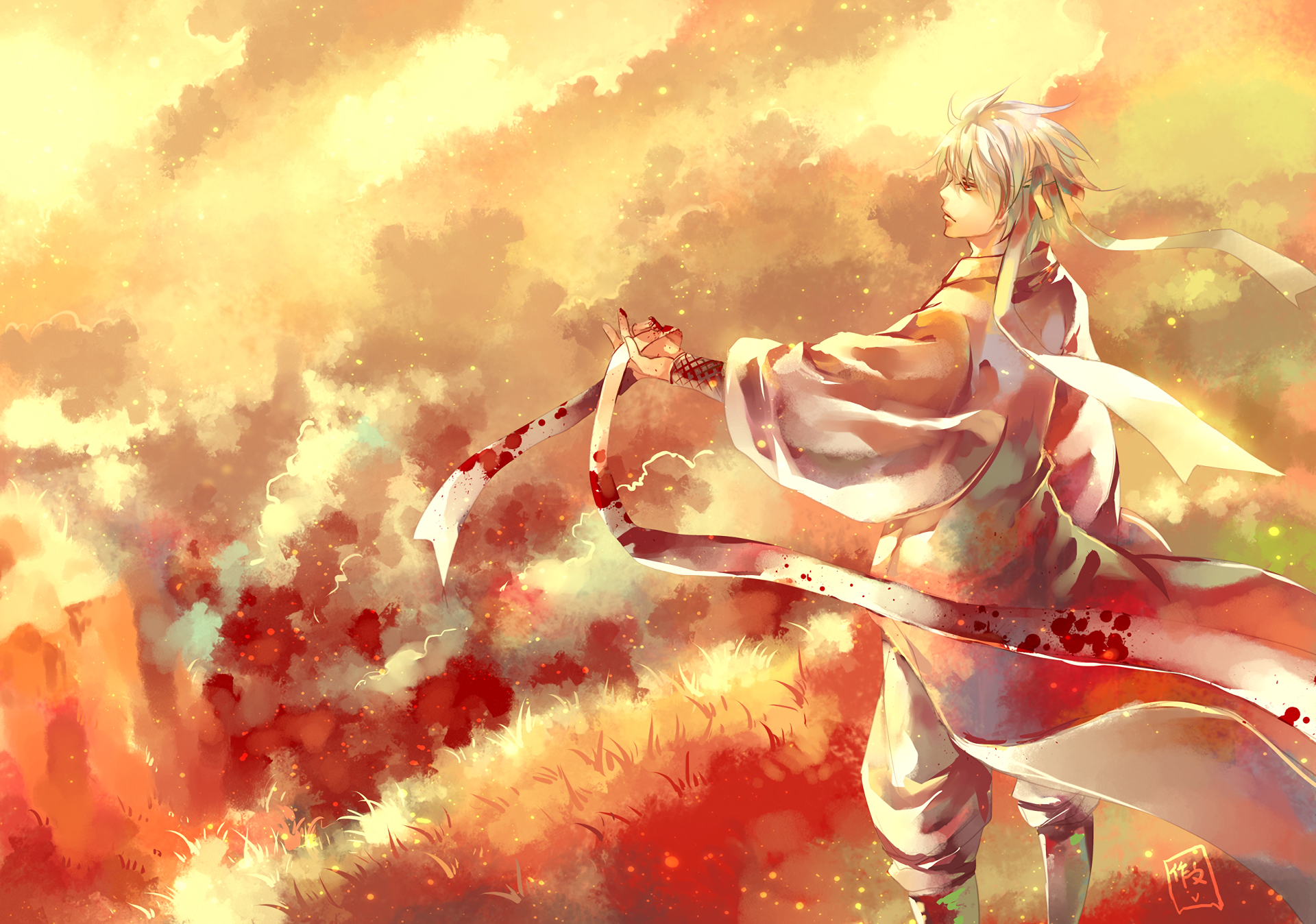 A vibrant HD wallpaper from the anime Gintama, featuring a character in traditional attire with flowing ribbons, set against a colorful, dramatic sunset backdrop.